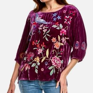 Johnny Was Purple Velvet Embroidered top silk flowers bird like new Nikkola